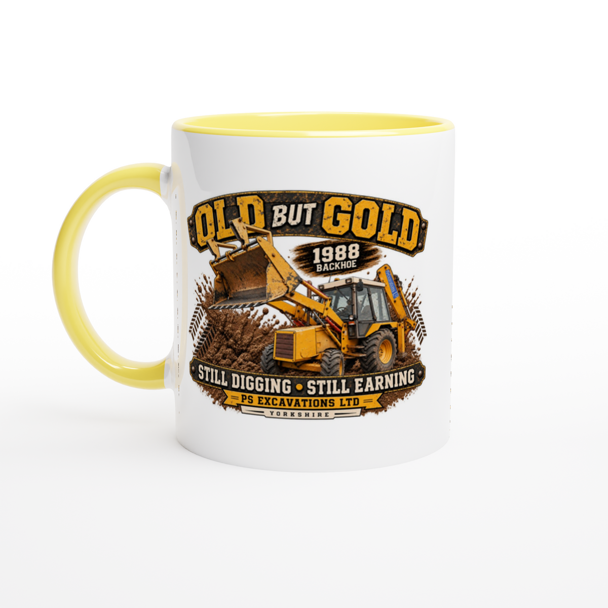 Old But Gold 1988 digger mug in white, yellow and black, 11oz ceramic