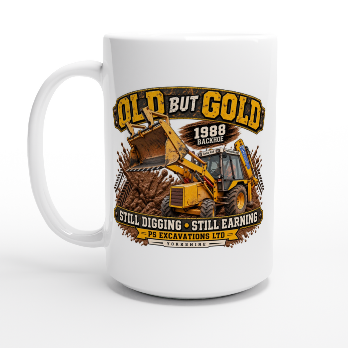 Old But Gold 1988 JCB 3CX digger mug, 15oz ceramic coffee mug gift