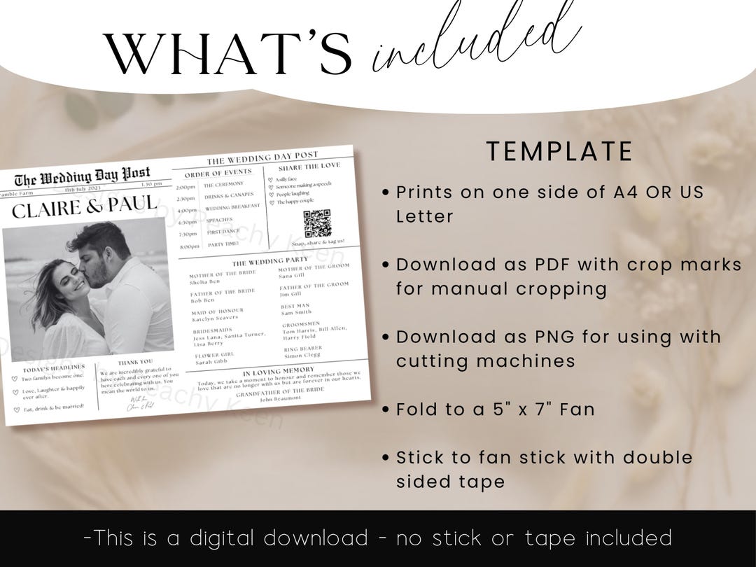 Wedding newspaper template layout showing headlines and QR code