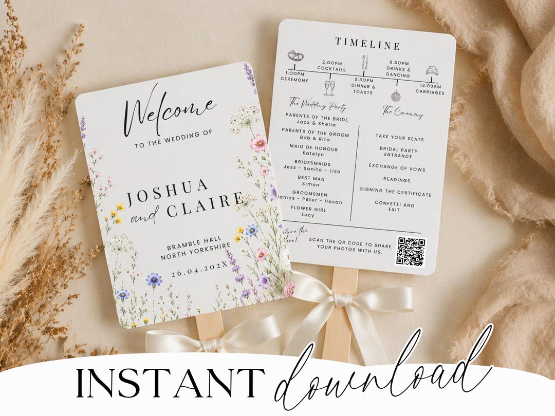 Wildflower wedding program fan showing front and back timeline
