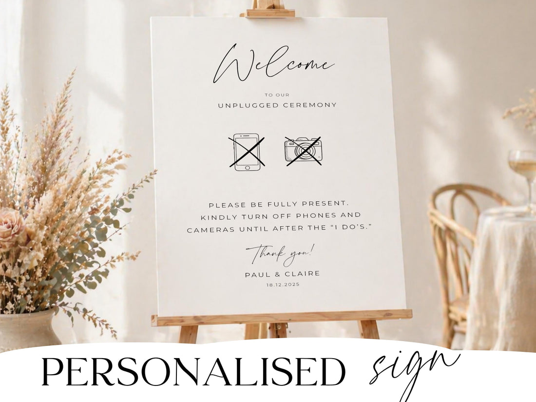 Personalised unplugged ceremony welcome sign on a wooden easel with names and date