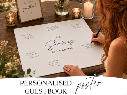 Personalised wedding guestbook poster with the couple's names and wedding date, ready for guests to sign