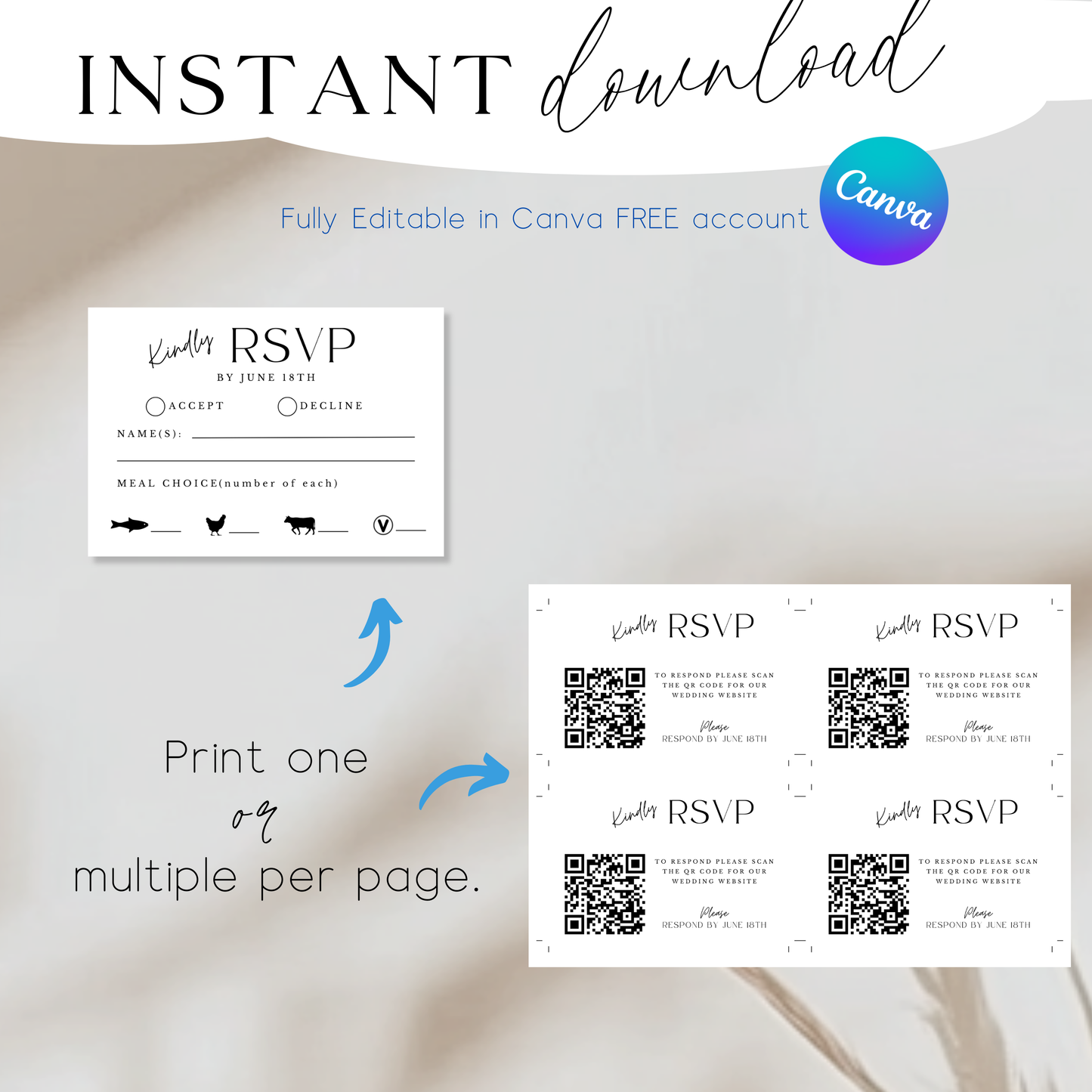 Minimalist Wedding RSVP Card Printable | Modern 5x7 Black and White RSVP Template