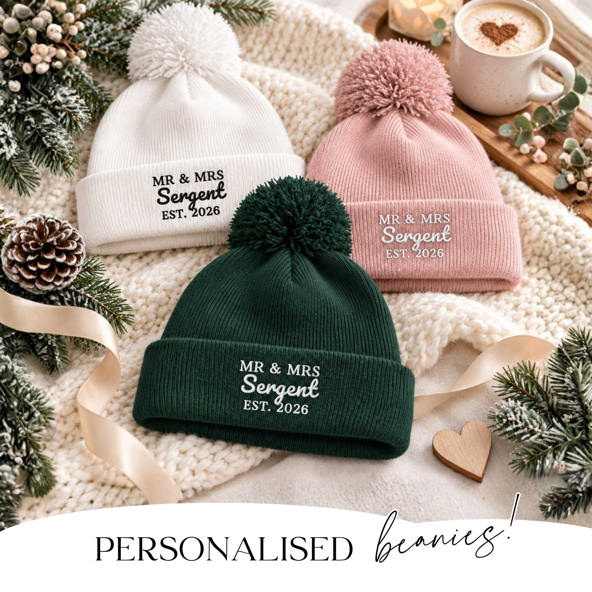 Personalised wedding beanie embroidered with The Wife and The Husband wording, newlywed gift
