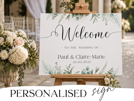 Personalised Wedding Welcome Sign – Rustic Eucalyptus Foam Board Entrance Sign
