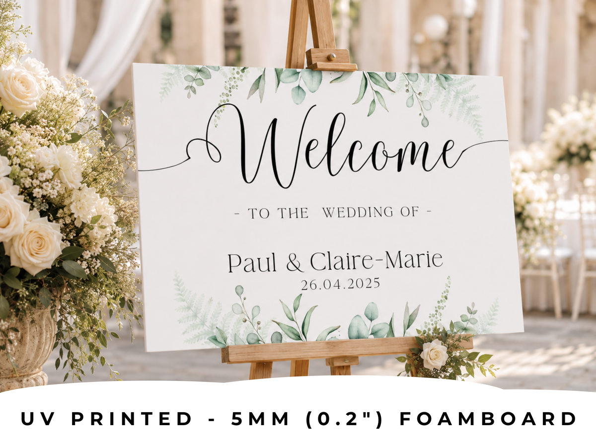 Personalised Wedding Welcome Sign – Rustic Eucalyptus Foam Board Entrance Sign