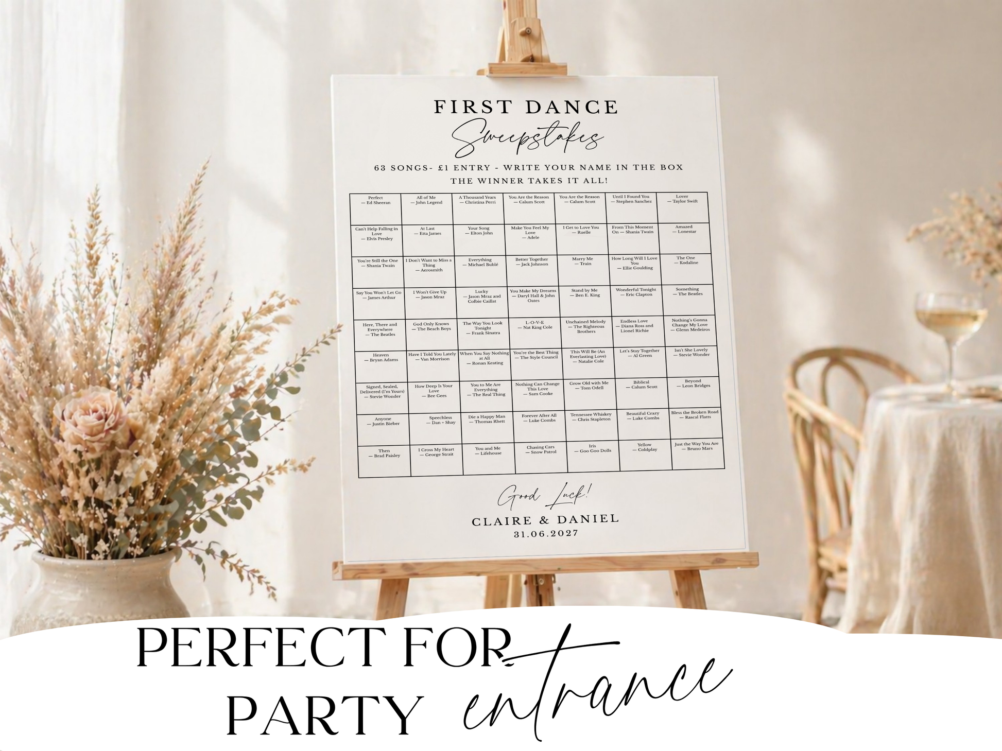Personalised first dance sweepstakes wedding sign displayed on an easel