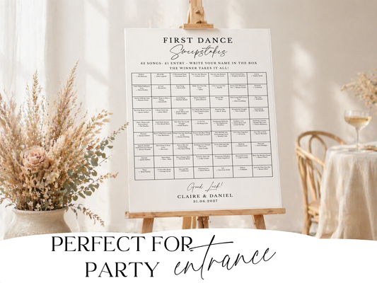 Personalised first dance sweepstakes wedding sign displayed on an easel