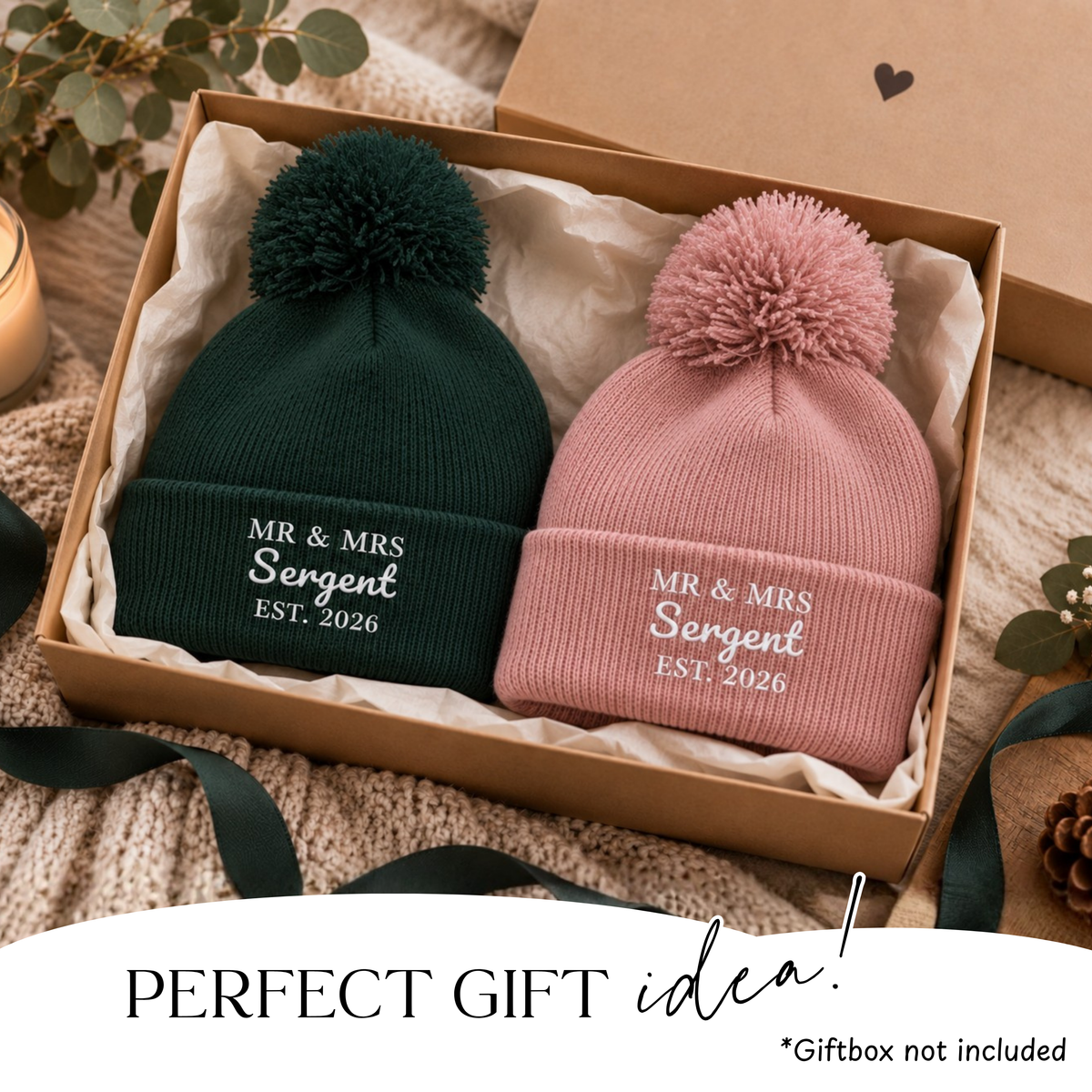 Personalised embroidered wedding beanie shown in multiple colourways