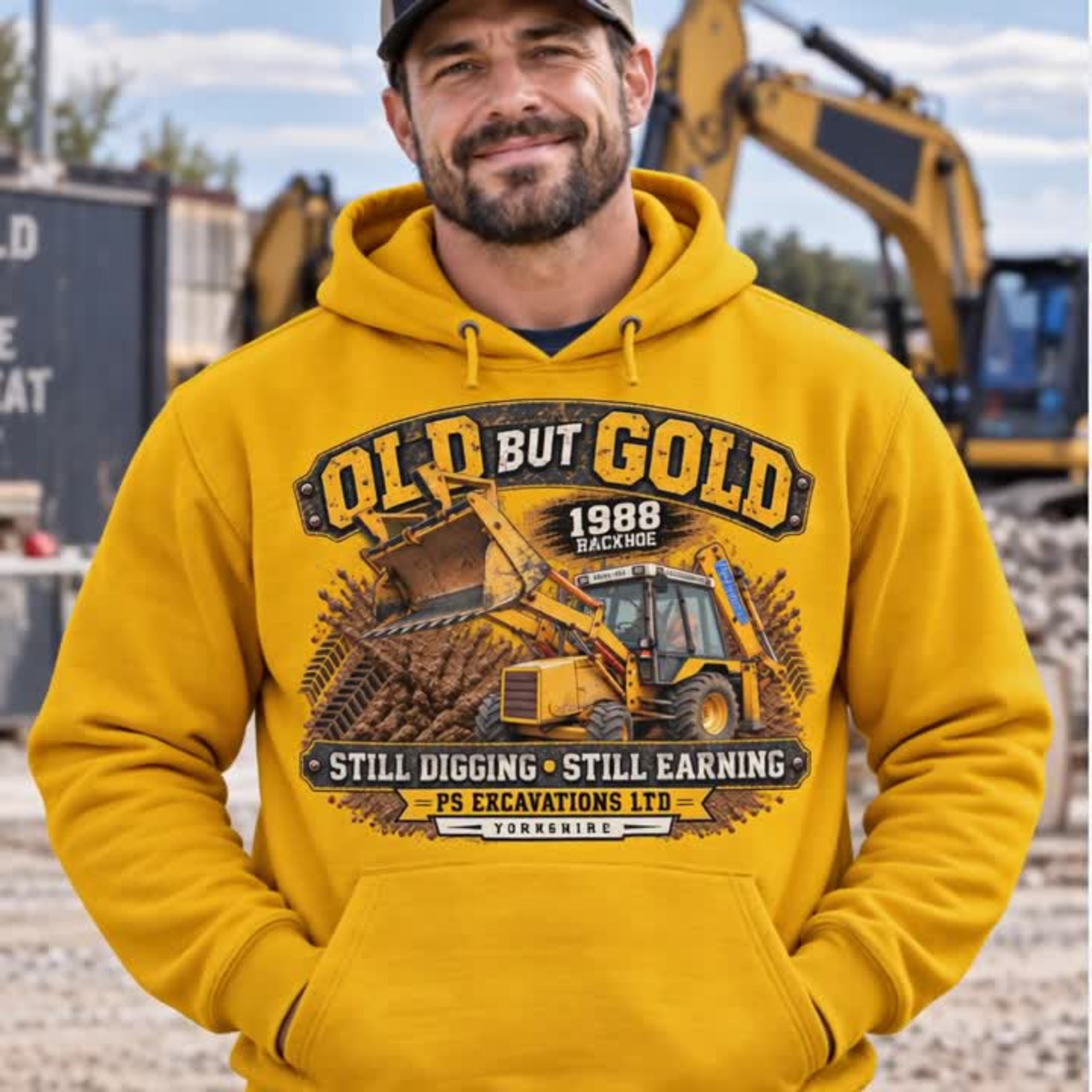 Old But Gold 1988 backhoe loader hoodie in white, heavyweight unisex fit