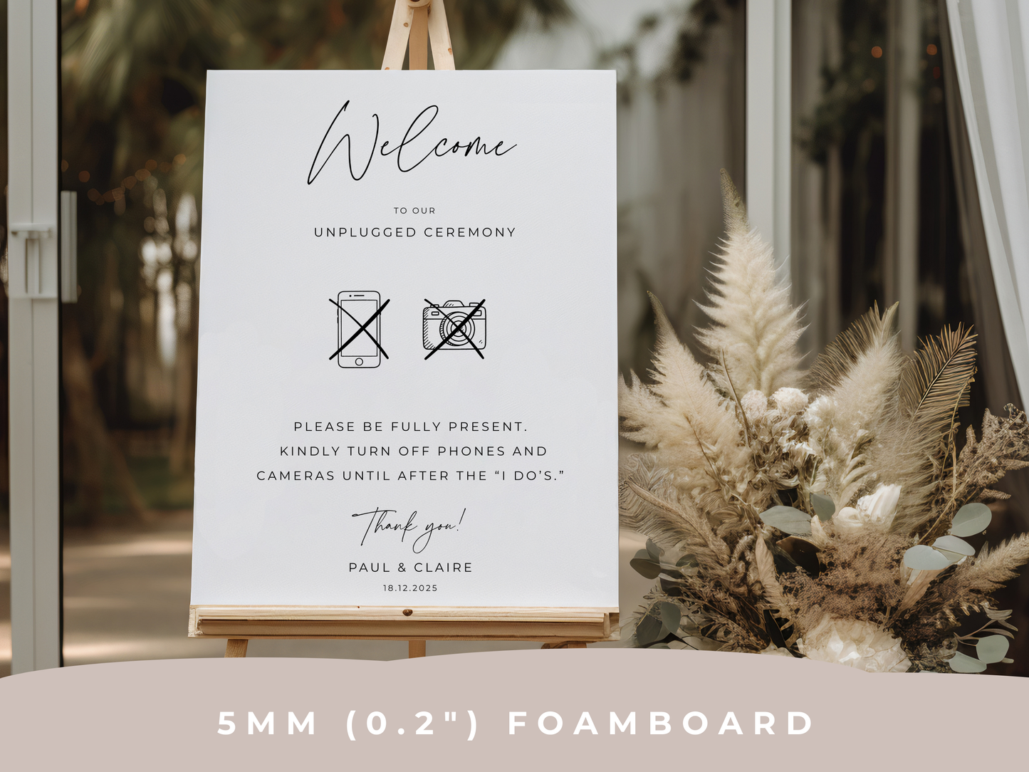 Personalised Unplugged Ceremony Wedding Welcome Sign | Printed Foam Board Wedding Entrance Sign | Modern Minimalist Wedding Decor