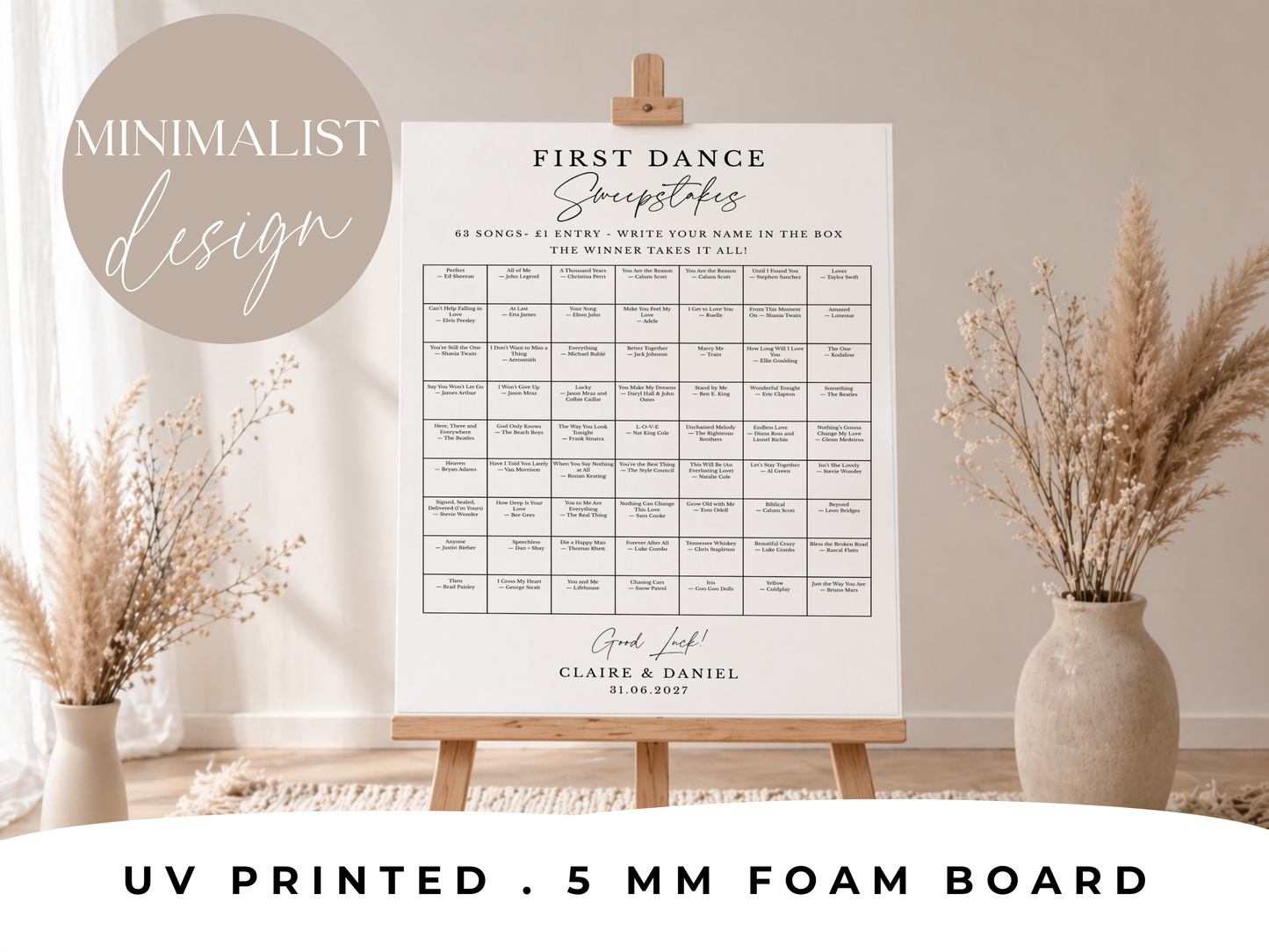 Personalised wedding sweepstakes sign with couple's names and wedding date