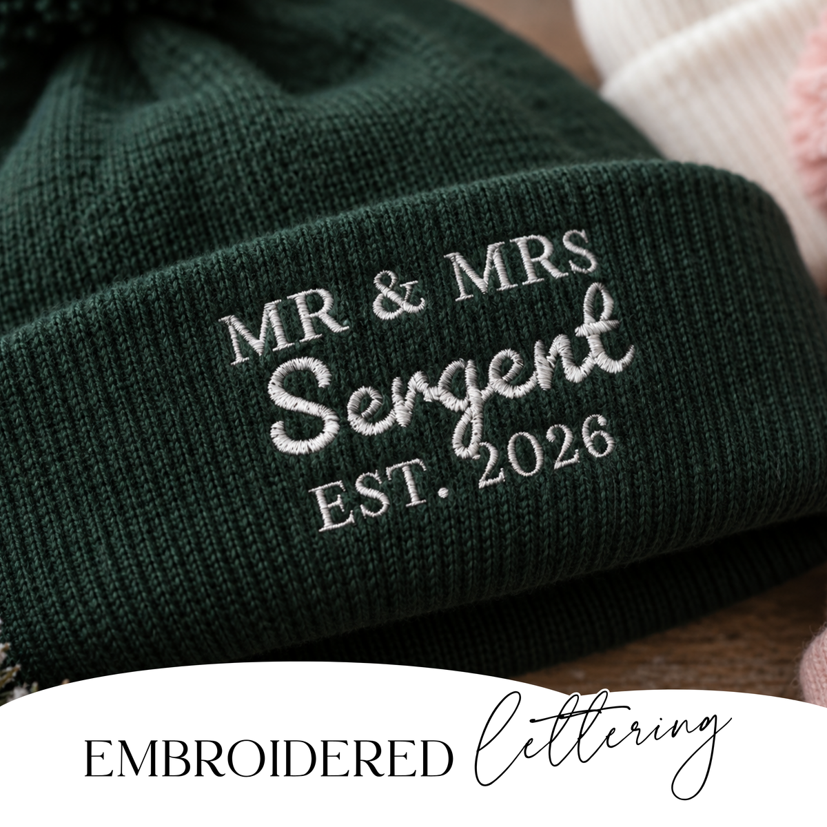 Close-up of embroidered wording on personalised wedding beanie