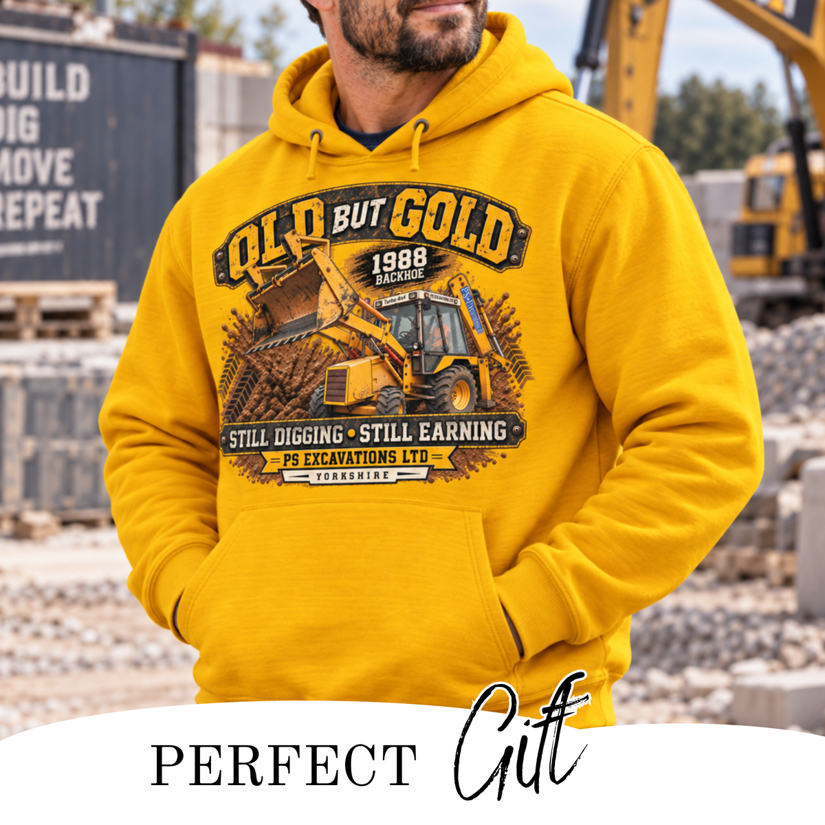 Old But Gold 1988 backhoe digger hoodie in gold