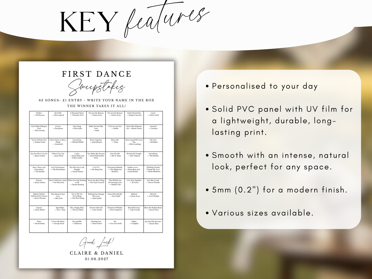 Close-up of first dance sweepstakes sign showing foam board print quality