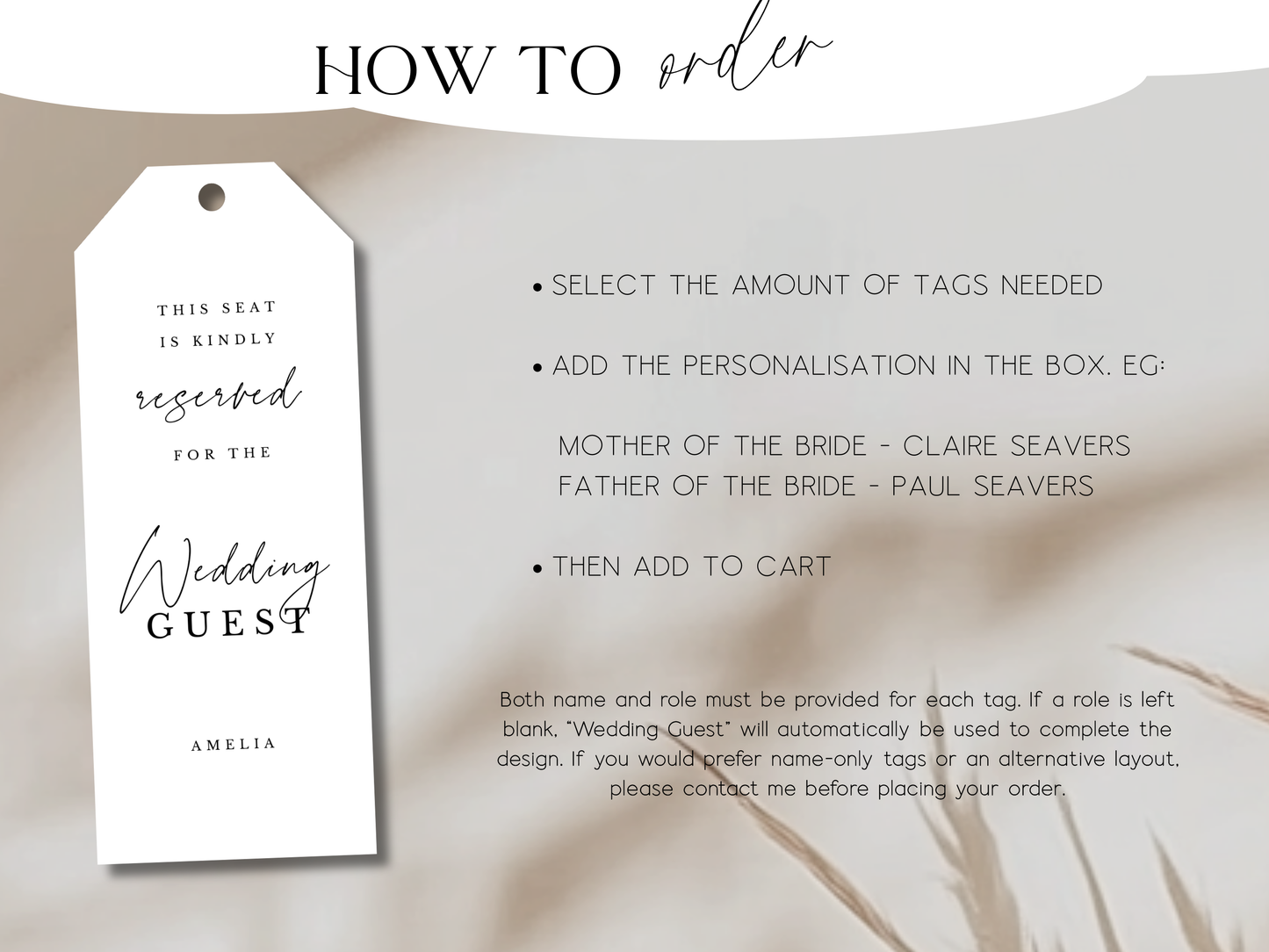 Personalised Reserved Seat Tag for Minimalist Wedding