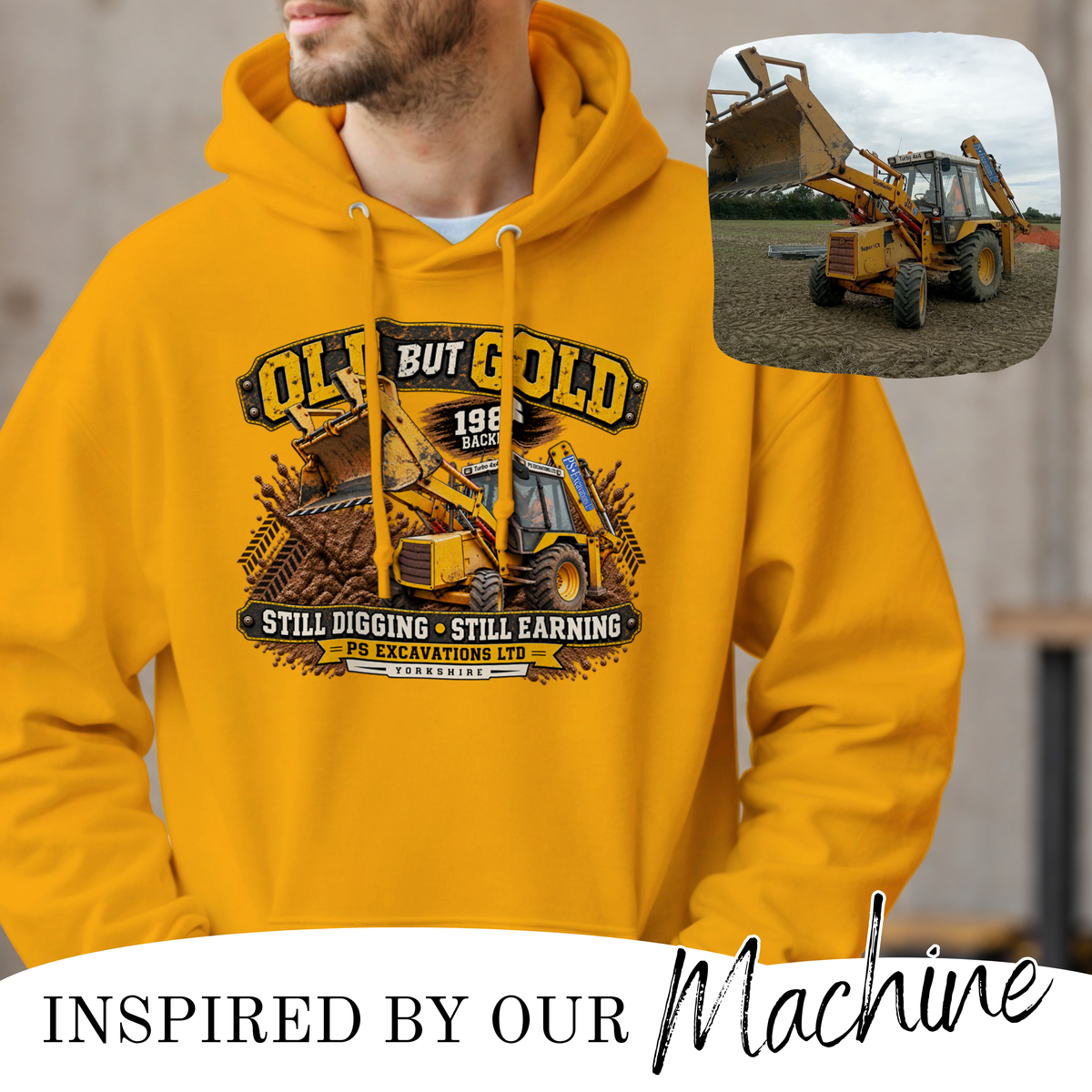 Old But Gold 1988 backhoe digger hoodie in royal blue