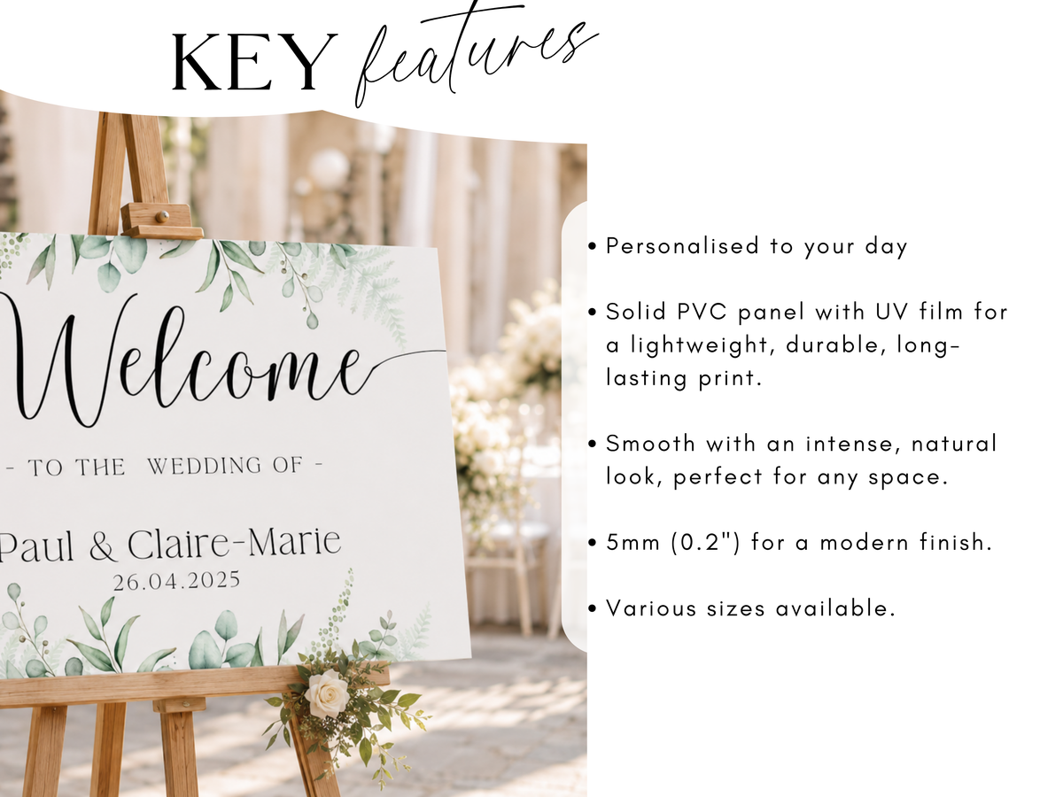 Personalised Wedding Welcome Sign – Rustic Eucalyptus Foam Board Entrance Sign