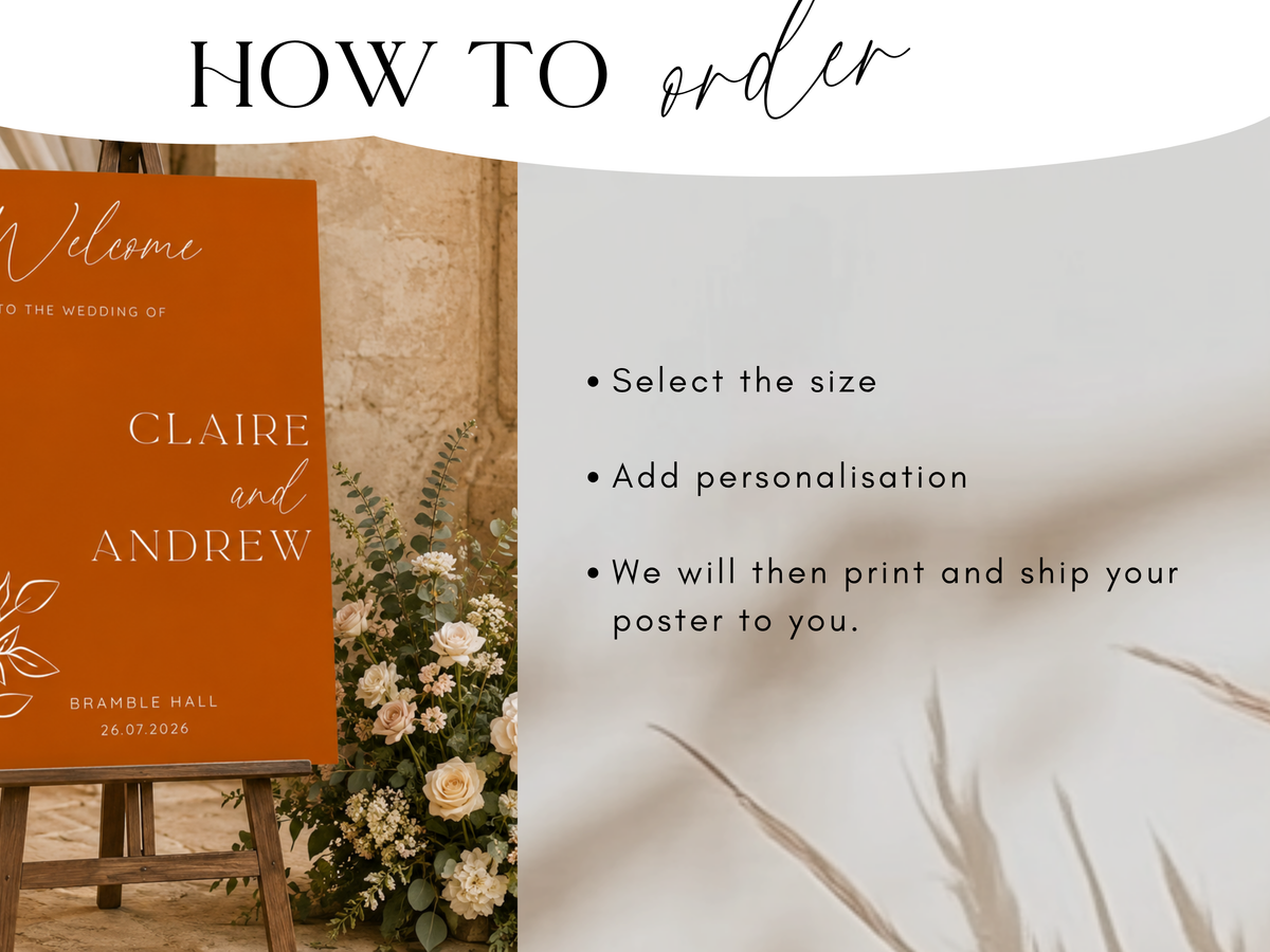 Burnt orange wedding welcome sign shown in a minimalist reception setting