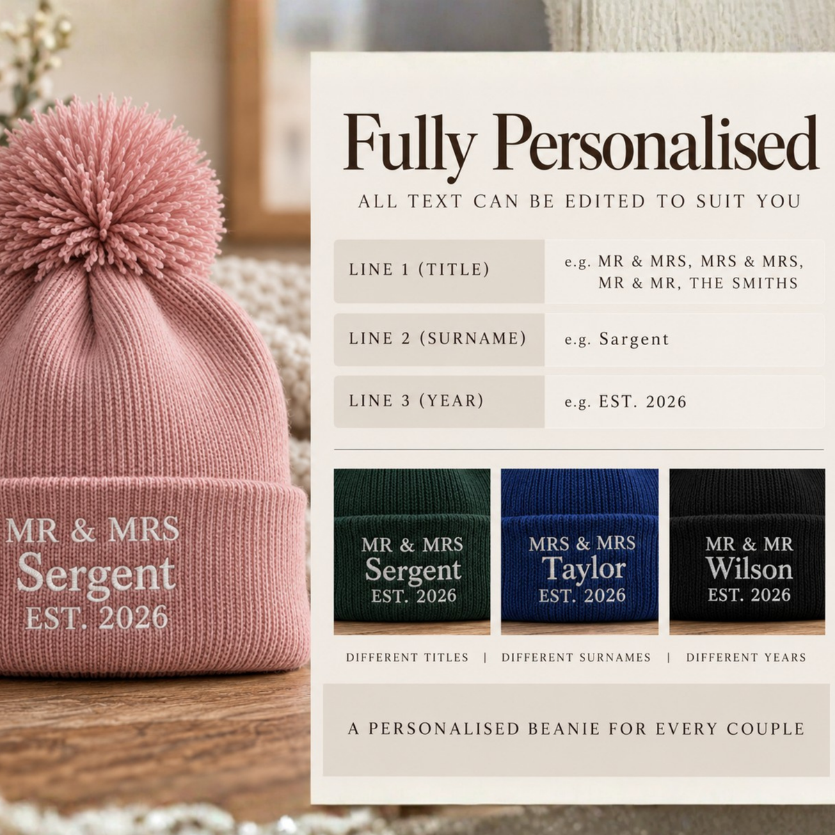 Soft cuffed pom pom beanie personalised for newlyweds