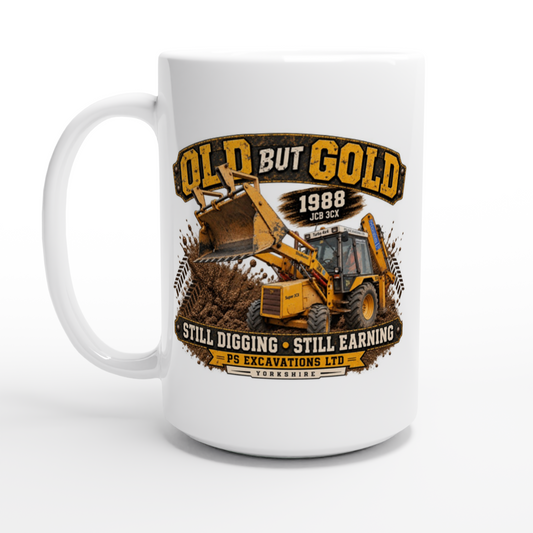 Old But Gold 1988 backhoe digger mug, 15oz glossy white ceramic