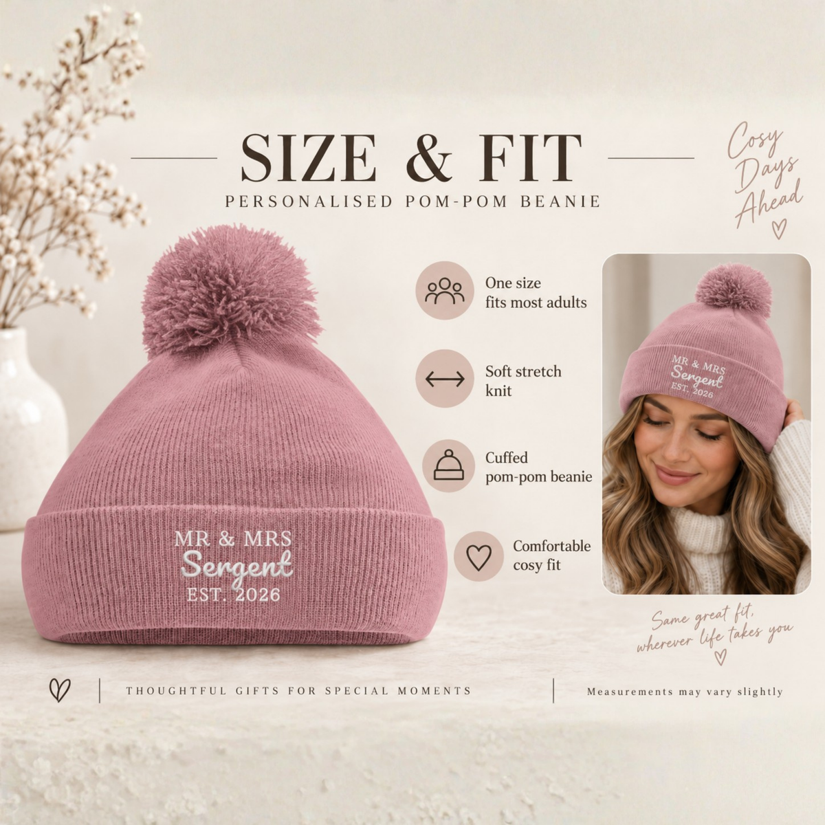 Personalised wedding beanie colour options including black, white and bottle green