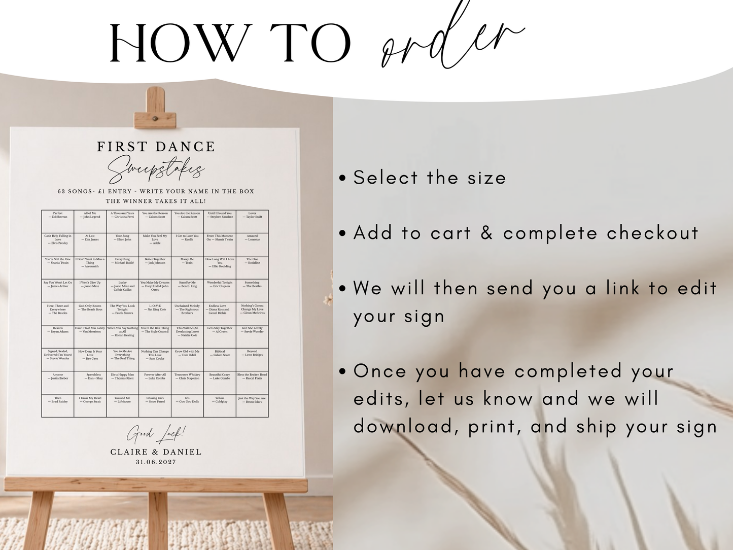 Personalised first dance sweepstakes sign mockup showing available sizes