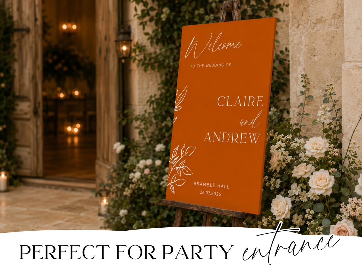 Burnt orange modern script wedding welcome sign with personalised names and date