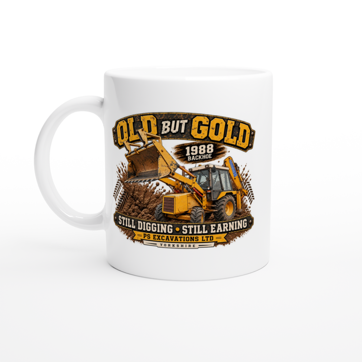 Old But Gold 1988 JCB 3CX digger mug, 11oz coloured inside, alternative view