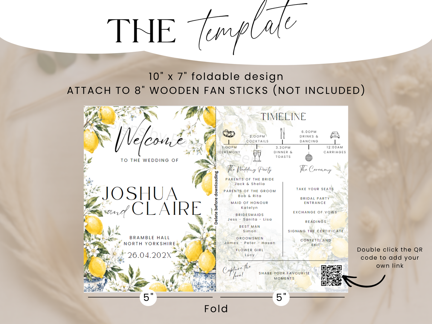 Amalfi Lemon Wedding Program Fan Template – Editable Summer Ceremony Fan (Canva)