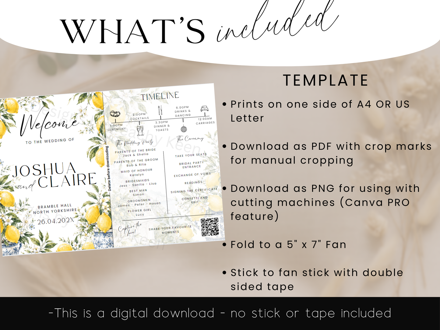 Amalfi Lemon Wedding Program Fan Template – Editable Summer Ceremony Fan (Canva)