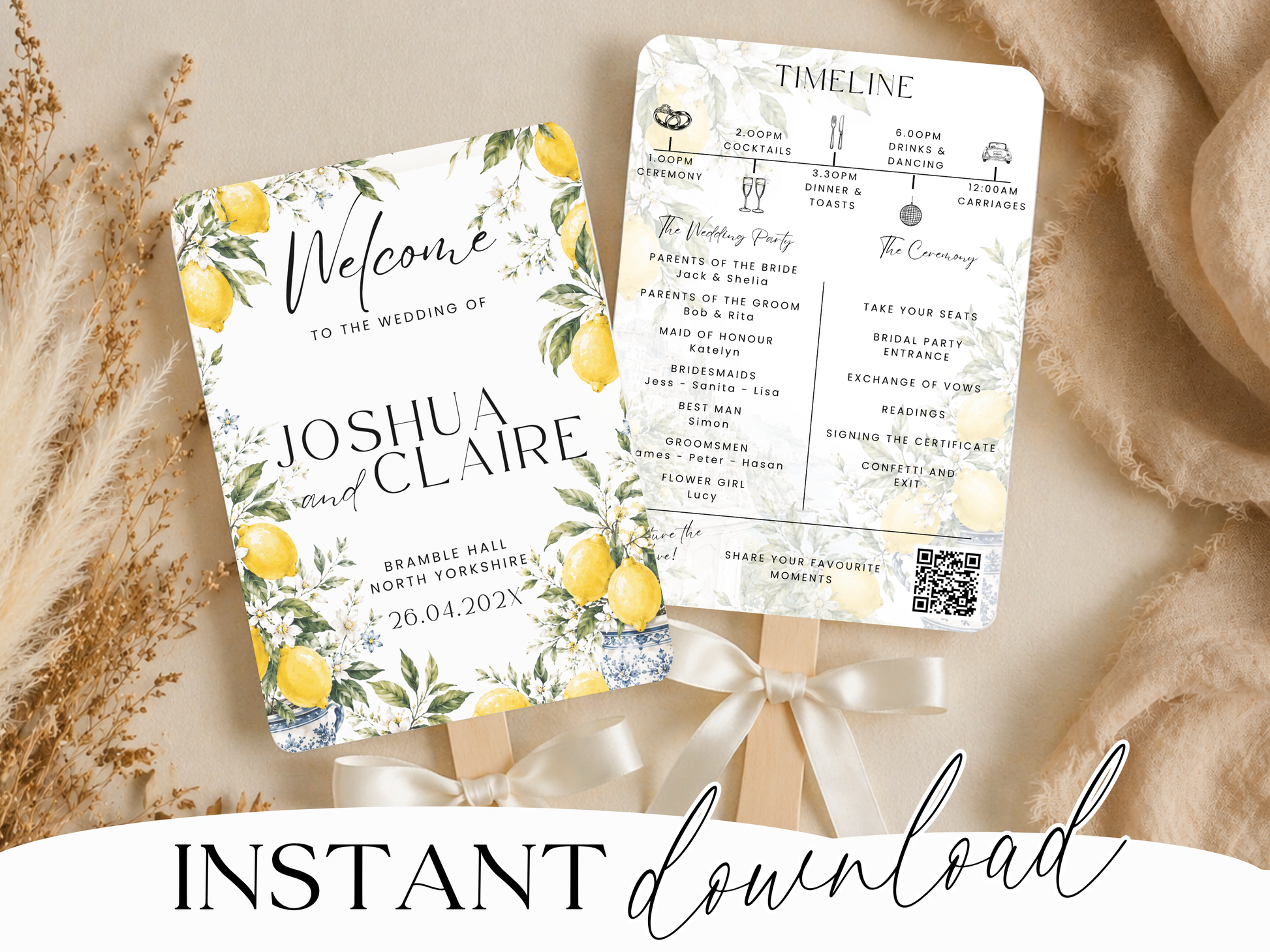 Editable lemon wedding order of service fan — Canva template detail
