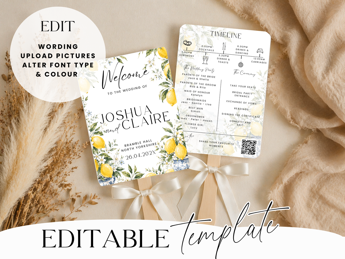 Editable Canva template for lemon wedding program fan