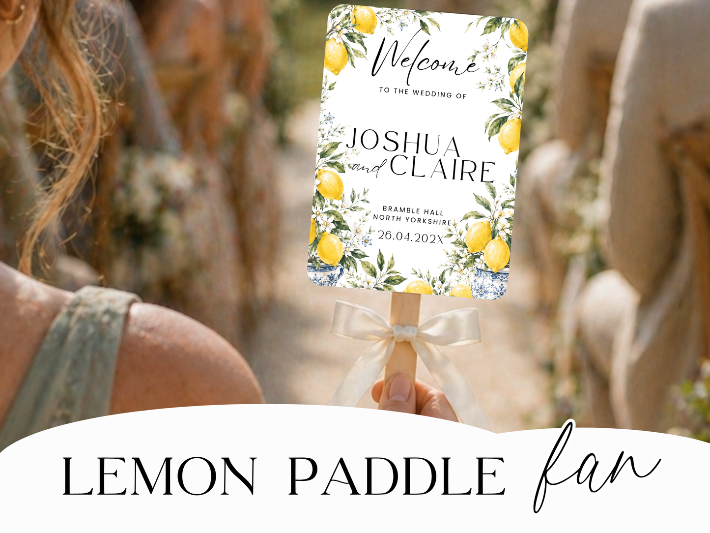 Lemon paddle fan wedding program at Italian destination wedding