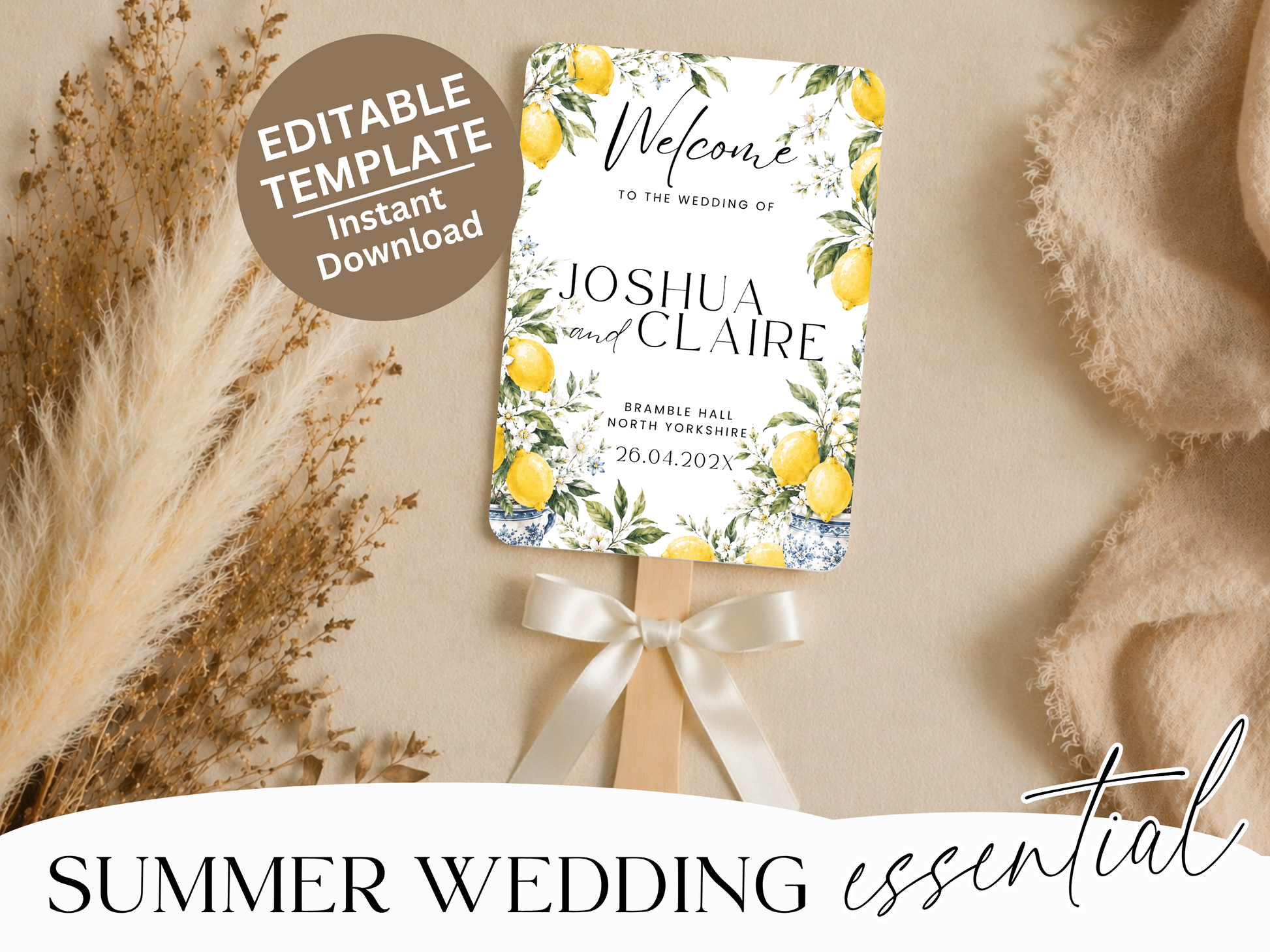 Amalfi lemon wedding program fan template printed on cardstock