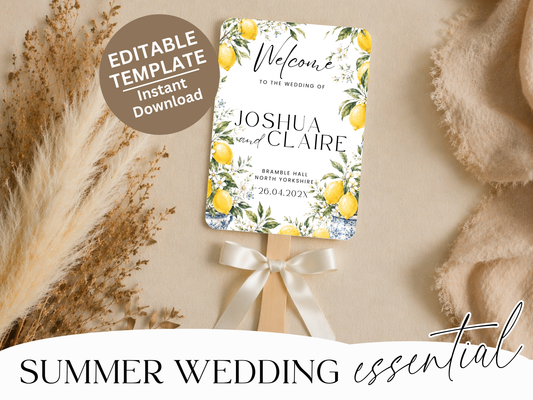 Amalfi lemon wedding program fan template printed on cardstock