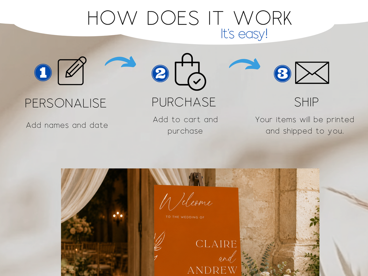 Burnt orange wedding welcome sign size comparison on easel