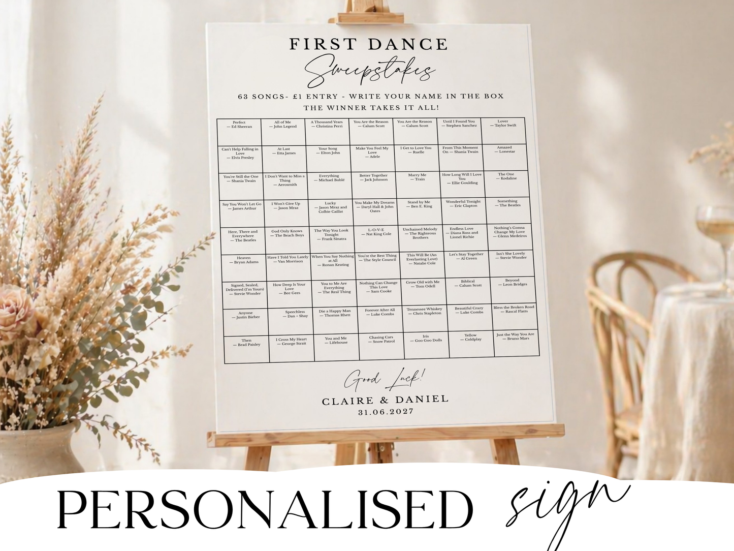 First dance sweepstakes sign close-up showing the 63 song grid