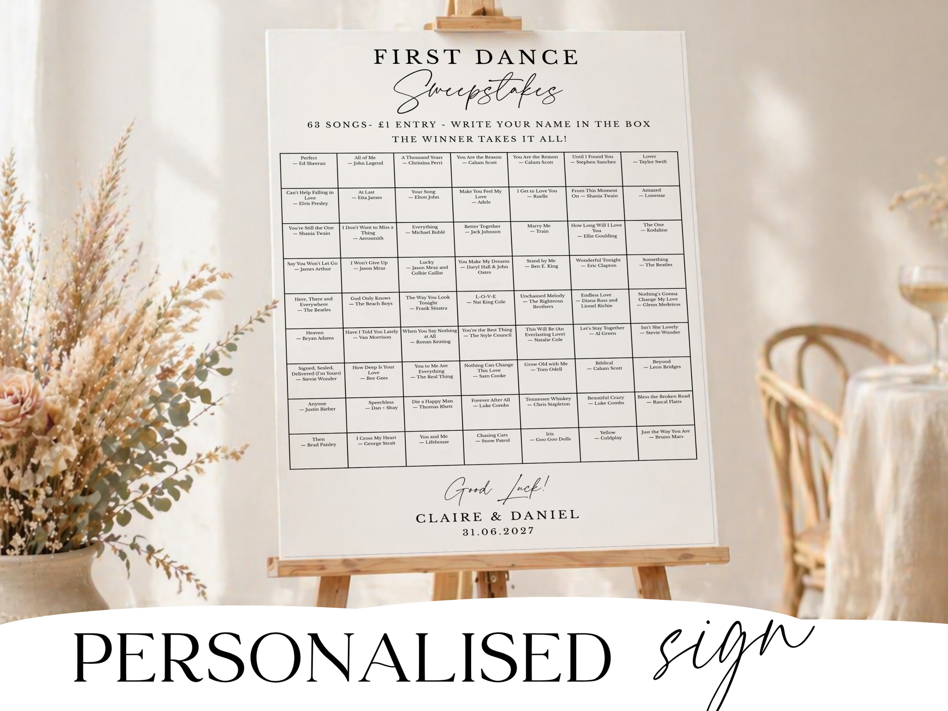First dance sweepstakes sign close-up showing the 63 song grid