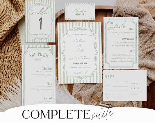 All-in-One Sage Green Wedding Invitation Template – Editable Tri-Fold Invite with RSVP (Canva)