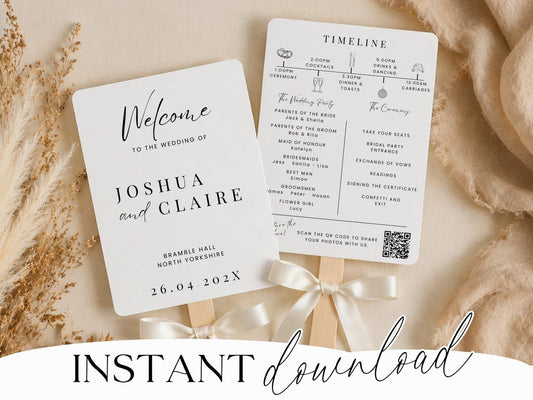 Modern wedding program fan template printed with wooden handle and cream ribbon