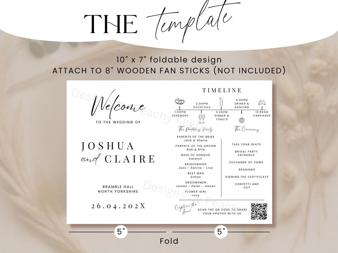Foldable wedding fan program design detail with QR code
