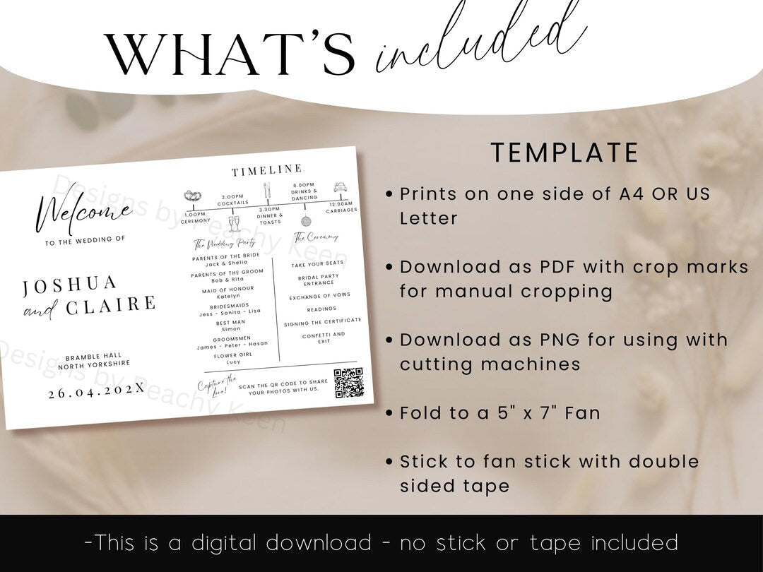 Editable wedding timeline paddle fan template