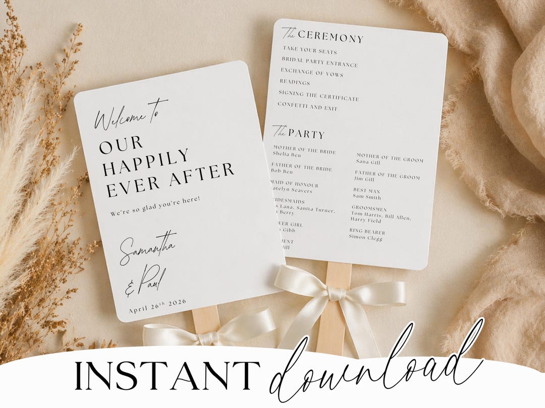 Two Happily Ever After wedding fan programs with timeline and details