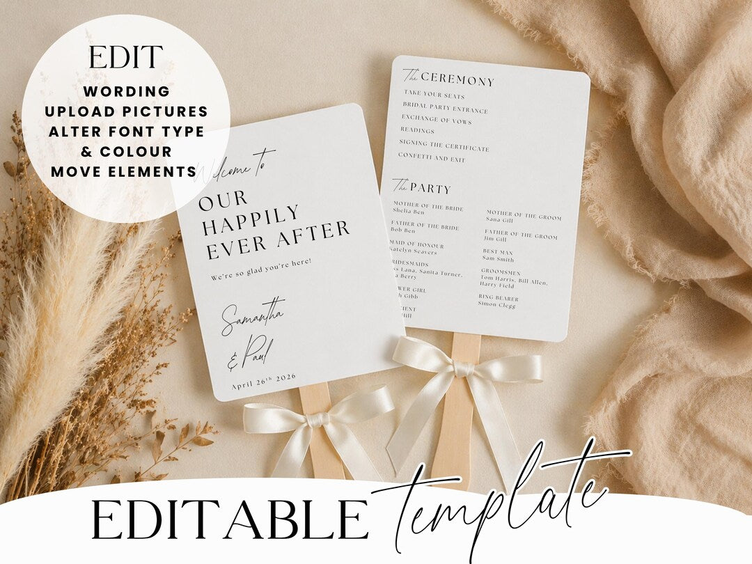 Elegant wedding fan templates tied with cream ribbons