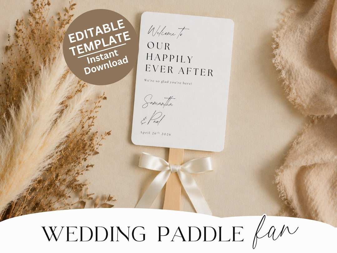 Happily Ever After wedding paddle fan program with wooden handle and white ribbon
