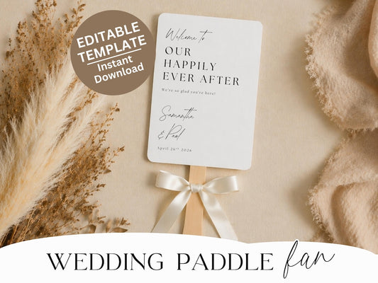Happily Ever After wedding paddle fan program with wooden handle and white ribbon