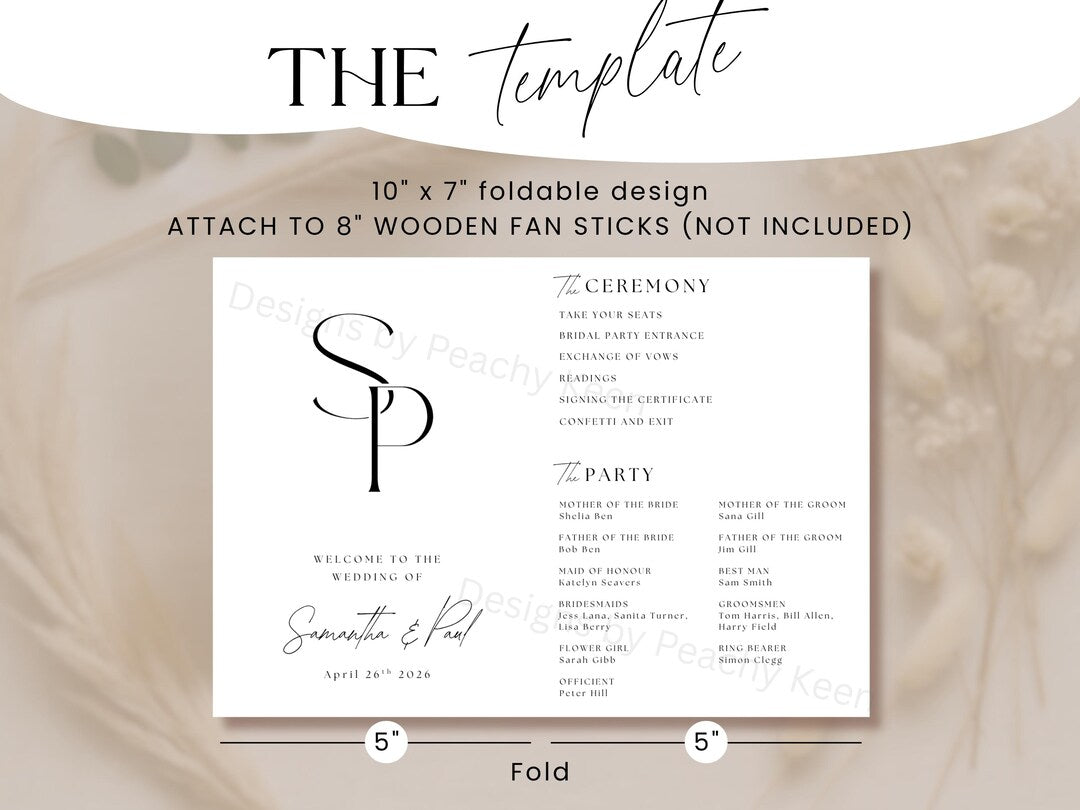 Foldable monogram wedding program template design detail
