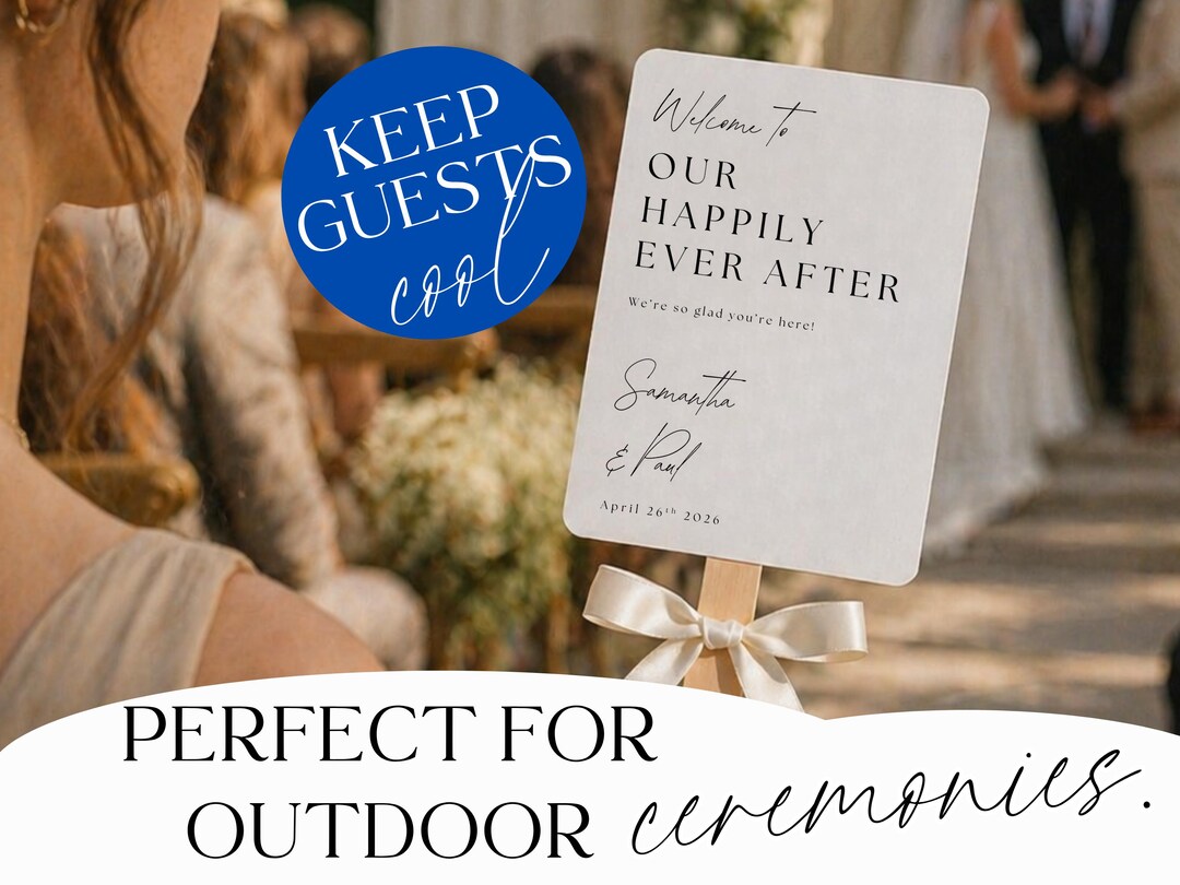 Wedding program fan keeping guests cool at summer ceremony
