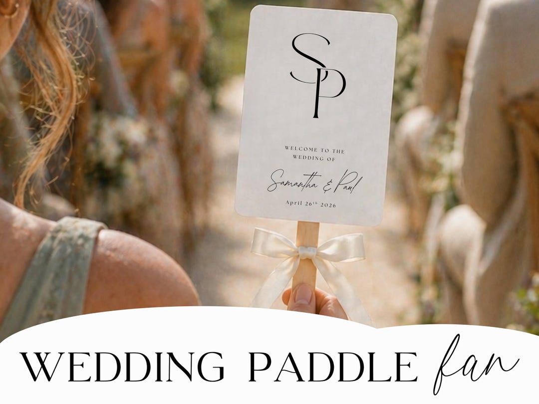 Personalised monogram wedding fan template with initials and cream ribbon